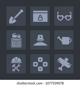 Premium set of fill icons. Such as spaceship, exploration, game, sunglasses, space, shovel, screwdriver, plane, plant, hammer, oven, flight, play, food, helmet, foreman, computer, kitchen, aircraft