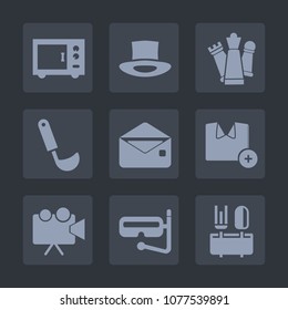 Premium set of fill icons. Such as dinner, video, hat, game, pawn, food, water, chess, projection, soup, kitchen, microwave, fashion, screen, communication, strategy, cooking, spoon, play, mixer, mail