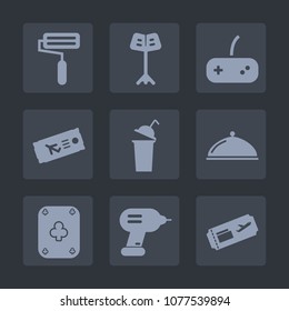 Premium set of fill icons. Such as hot, musical, dish, tool, concert, black, plate, musician, sign, ticket, poker, controller, drink, industry, airplane, music, air, casino, journey, travel, cup, fly
