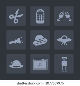 Premium Set Of Fill Icons. Such As Android, Science, Light, Bar, Wireless, Cell, Technology, Flashlight, Paper, Wine, Hat, Futuristic, Cut, Black, Communication, Bulb, Tool, Spacecraft, Drink, Phone