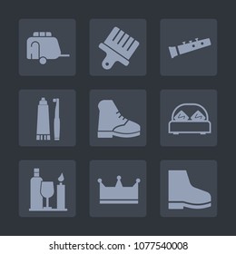 Premium set of fill icons. Such as toothpaste, brush, railway, drawing, train, art, care, alcohol, harp, car, bedroom, furniture, vehicle, paintbrush, trumpet, boot, black, stroke, hygiene, footwear