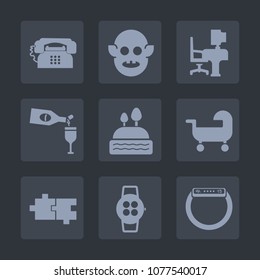 Premium set of fill icons. Such as carriage, monster, puzzle, computer, alien, fiction, office, time, smart, cake, science, work, white, business, internet, call, table, baby, mobile, top, bottle, red