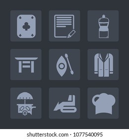 Premium set of fill icons. Such as cream, outfit, pen, activity, coat, kayak, equipment, restaurant, cleaner, food, housework, ice, shrine, sign, chef, construction, japan, machinery, casino, torii