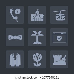 Premium set of fill icons. Such as call, leaf, tie, tropical, floral, blossom, elegance, support, blue, center, transport, palm, railway, business, service, phone, transportation, headset, suit, train