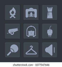 Premium set of fill icons. Such as power, hotel, audio, technology, campfire, energy, travel, fireplace, fashion, music, interior, charger, winter, cable, clothing, weapon, room, ping, sound, bonfire