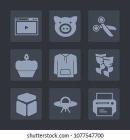 Premium set of fill icons. Such as spaceship, web, printer, jacket, piggy, equipment, flower, video, sweet, black, hog, swine, square, cake, dessert, media, paper, pork, agriculture, spring, cut, tool