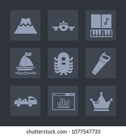 Premium set of fill icons. Such as volcanic, website, fiction, monster, note, crater, shipping, wind, nature, royal, active, truck, mountain, melody, lava, queen, plane, saw, trip, travel, music, king
