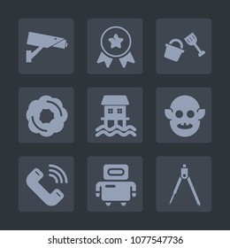 Premium set of fill icons. Such as fiction, first, robot, equipment, place, houseboat, sweet, camera, cake, engineering, winner, button, android, award, surveillance, safety, alien, call, guard, win