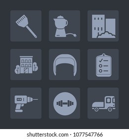 Premium set of fill icons. Such as food, restaurant, concept, hand, transport, work, cooking, transportation, gym, truck, mark, home, safety, estate, beverage, house, helmet, drill, list, equipment