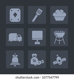 Premium set of fill icons. Such as pc, space, notification, sweet, gambling, alert, view, poker, doughnut, food, grill, blue, meat, muffin, alarm, casino, kitchen, pan, top, play, chocolate, black