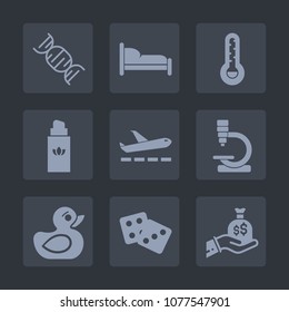 Premium set of fill icons. Such as research, spray, business, fahrenheit, toy, medicine, gambling, dice, sign, aroma, dna, duck, home, perfume, child, science, travel, bag, success, bed, cold, casino