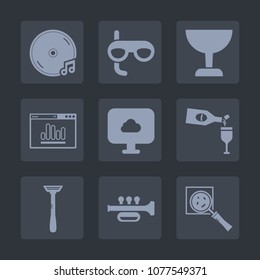 Premium set of fill icons. Such as sign, cloud, find, scuba, wine, glass, album, note, microphone, internet, technology, bottle, magnifier, sea, music, red, snorkel, website, trumpet, razor, zoom, seo