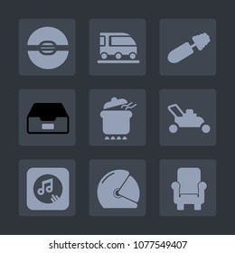 Premium set of fill icons. Such as dish, railway, object, car, equipment, van, music, chair, beauty, lawn, document, train, helmet, motorbike, note, sphere, furniture, black, armchair, meal, business