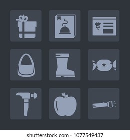 Premium set of fill icons. Such as footwear, brown, saw, holiday, lollipop, construction, fruit, boot, lamp, healthy, colorful, fashion, ribbon, style, apple, clothing, bag, sign, flashlight, drill