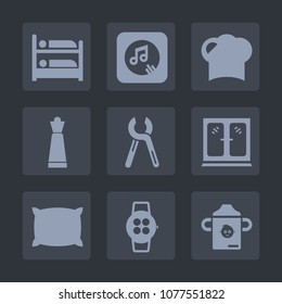 Premium set of fill icons. Such as furniture, tool, plastic, gadget, note, sign, melody, room, piece, chess, pillow, sound, game, interior, uniform, white, time, repair, restaurant, watch, bed, travel