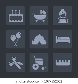 Premium set of fill icons. Such as baby, toddler, sign, pie, birthday, infant, bed, care, food, adventure, hotel, couple, kid, travel, dessert, sugar, comb, mother, stroller, cake, decoration, family