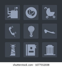 Premium set of fill icons. Such as footwear, perambulator, work, top, parachute, drink, lighthouse, phone, house, parachuting, coffee, telephone, city, table, sea, computer, business, directory, bean