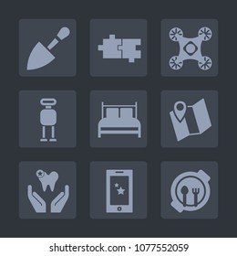 Premium set of fill icons. Such as pin, copter, table, phone, sign, shape, control, technology, white, drill, health, travel, healthy, radio, element, bedroom, cyborg, tool, drone, shovel, futuristic