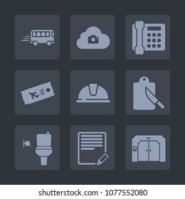 Premium set of fill icons. Such as construction, document, elevator, traffic, work, cutlery, bathroom, travel, internet, street, kitchen, text, communication, transportation, bus, photo, hat, call, wc