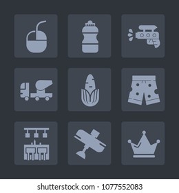 Premium set of fill icons. Such as object, flight, mouse, play, communication, container, pistol, airplane, template, beverage, plastic, corn, game, fashion, crown, white, drink, concrete, click, food