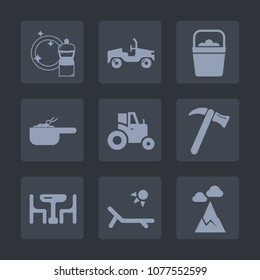 Premium set of fill icons. Such as car, field, container, tractor, home, mop, landscape, agricultural, cleaner, wrench, meal, farm, table, vacation, object, handle, broom, transportation, sunny, white
