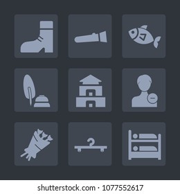 Premium set of fill icons. Such as torch, electric, flashlight, boot, pagoda, hanger, temple, delete, black, beautiful, light, account, white, leather, night, culture, blossom, footwear, fish, fashion