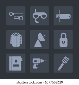 Premium set of fill icons. Such as drill, machine, white, communication, network, sea, clothing, sign, business, scuba, underwater, digital, chain, jacket, clothes, pan, signal, directory, snorkel