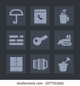 Premium set of fill icons. Such as music, internet, child, sign, accordion, summer, business, bulldozer, text, contact, tea, template, umbrella, machine, key, weather, espresso, play, beverage, table