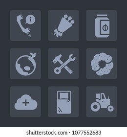 Premium set of fill icons. Such as plane, bunch, center, dessert, beautiful, summer, airplane, cloud, field, doughnut, floral, service, contact, white, support, blossom, internet, sweet, tractor, farm