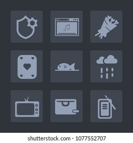 Premium set of fill icons. Such as fish, tool, play, security, bouquet, media, rainy, online, meat, water, internet, inkstone, bunch, sale, music, technology, business, food, phone, black, weather, tv