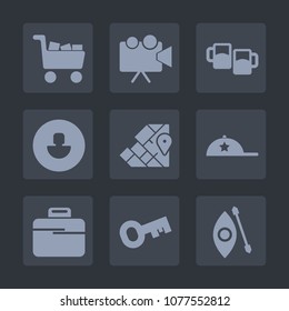Premium set of fill icons. Such as hat, cinema, map, equipment, avatar, key, beer, fashion, presentation, shop, cap, pub, kayaking, briefcase, drink, cart, profile, human, water, clothing, commerce