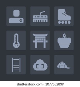 Premium set of fill icons. Such as cloud, add, clothing, doughnut, thermometer, social, hat, music, dessert, japan, black, keyboard, torii, food, piano, temperature, roller, sport, japanese, person