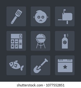 Premium set of fill icons. Such as grill, bbq, spray, sad, face, baby, cooking, mailbox, shovel, child, mail, food, pot, paint, equipment, sea, star, construction, kid, top, pan, post, white, finance