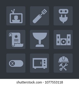 Premium set of fill icons. Such as construction, electricity, paper, electric, cinema, switch, media, kitchen, glass, pot, deactivate, entertainment, builder, white, oven, cooking, screen, document