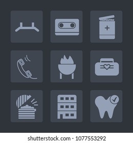 Premium set of fill icons. Such as music, background, fashion, object, dentist, communication, pharmacy, up, house, barbecue, phone, white, stereo, restaurant, vintage, medicine, hospital, banner, bag