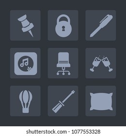 Premium set of fill icons. Such as parachute, home, repair, balloon, interior, key, soft, comfortable, wine, pillow, sign, stationery, sound, marker, location, map, music, security, transport, note