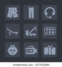 Premium set of fill icons. Such as trousers, food, present, speaker, car, child, listen, stereo, studio, sound, casual, holiday, kid, truck, clothes, pants, fitness, music, seat, template, headphone