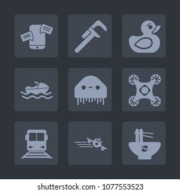 Premium set of fill icons. Such as alien, ufo, bowl, travel, departure, chat, camera, train, work, transportation, mobile, food, toy, reparation, message, meal, vessel, monster, rubber, control, plane