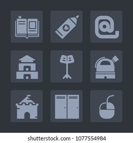 Premium set of fill icons. Such as literature, envelope, brush, toothbrush, textbook, library, mail, orchestra, device, letter, mouse, travel, communication, architecture, education, web, computer