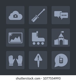 Premium set of fill icons. Such as screw, bubble, work, photography, skating, mark, talk, sport, dialog, speech, ringing, phone, cloud, castle, equipment, web, screwdriver, sign, medieval, glove, call