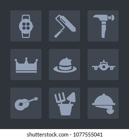 Premium set of fill icons. Such as painter, waiter, toy, departure, plane, hat, screen, saw, plastic, technology, restaurant, style, flight, construction, service, gadget, musical, roller, roll, king