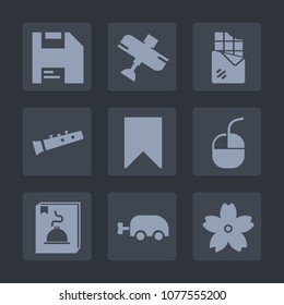 Premium set of fill icons. Such as pipe, bookmark, disk, white, transportation, trumpet, aviation, food, chocolate, device, menu, bar, computer, diskette, music, floppy, travel, air, flower, dark, fly