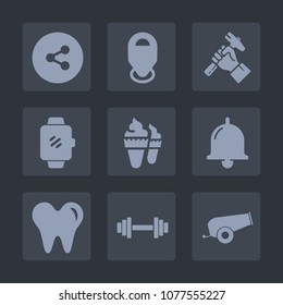 Premium set of fill icons. Such as bell, marker, construction, dessert, pin, media, ring, alarm, occupation, pointer, share, cannon, industry, watch, location, helmet, builder, site, health, screen