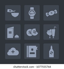 Premium set of fill icons. Such as wine, dinner, cuisine, brochure, sweet, candy, cream, screen, striped, time, internet, business, glass, white, ice, technology, liquid, device, phone, telephone, add