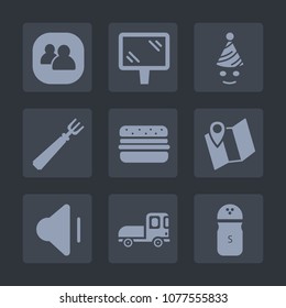 Premium set of fill icons. Such as truck, fun, social, costume, dinner, traffic, map, delivery, business, seasoning, banner, transportation, volume, up, sound, communication, music, food, salt, pin