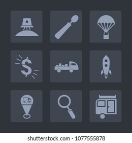 Premium set of fill icons. Such as spaceship, astronomy, map, astronaut, skydiver, food, sky, dollar, launch, currency, galaxy, parachute, glass, journey, sport, money, air, planet, zoom, shuttle, usd