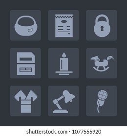Premium set of fill icons. Such as object, knapsack, education, karaoke, bag, button, music, kimono, backpack, mic, decoration, lamp, candle, file, costume, toy, duck, safety, school, horse, rucksack