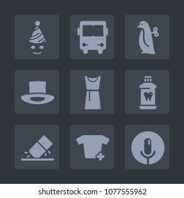 Premium set of fill icons. Such as funny, vehicle, costume, birthday, voice, toy, celebration, fashion, holiday, care, happy, cute, transportation, white, clown, clothes, party, sound, bus, penguin