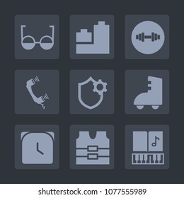 Premium set of fill icons. Such as communication, bear, skating, roller, internet, equipment, play, gym, optical, web, car, vest, clock, dumbbell, toy, minute, eyeglasses, telephone, vision, musical