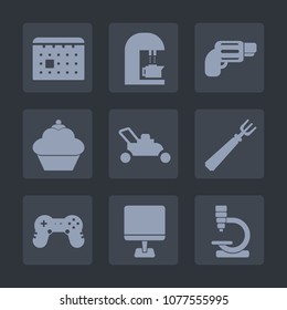 Premium set of fill icons. Such as pistol, sweet, brown, equipment, grass, biology, dessert, drink, research, handgun, calendar, time, lawn, computer, beverage, gun, play, schedule, cafe, internet, pc